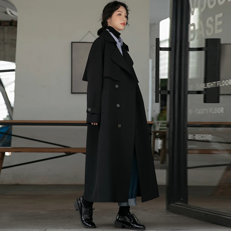 

Elegant Black Women's Coat Loose Fit Korean Style Spring New Arrival Slimming Dark Series Long Outerwear Fashionable Commute