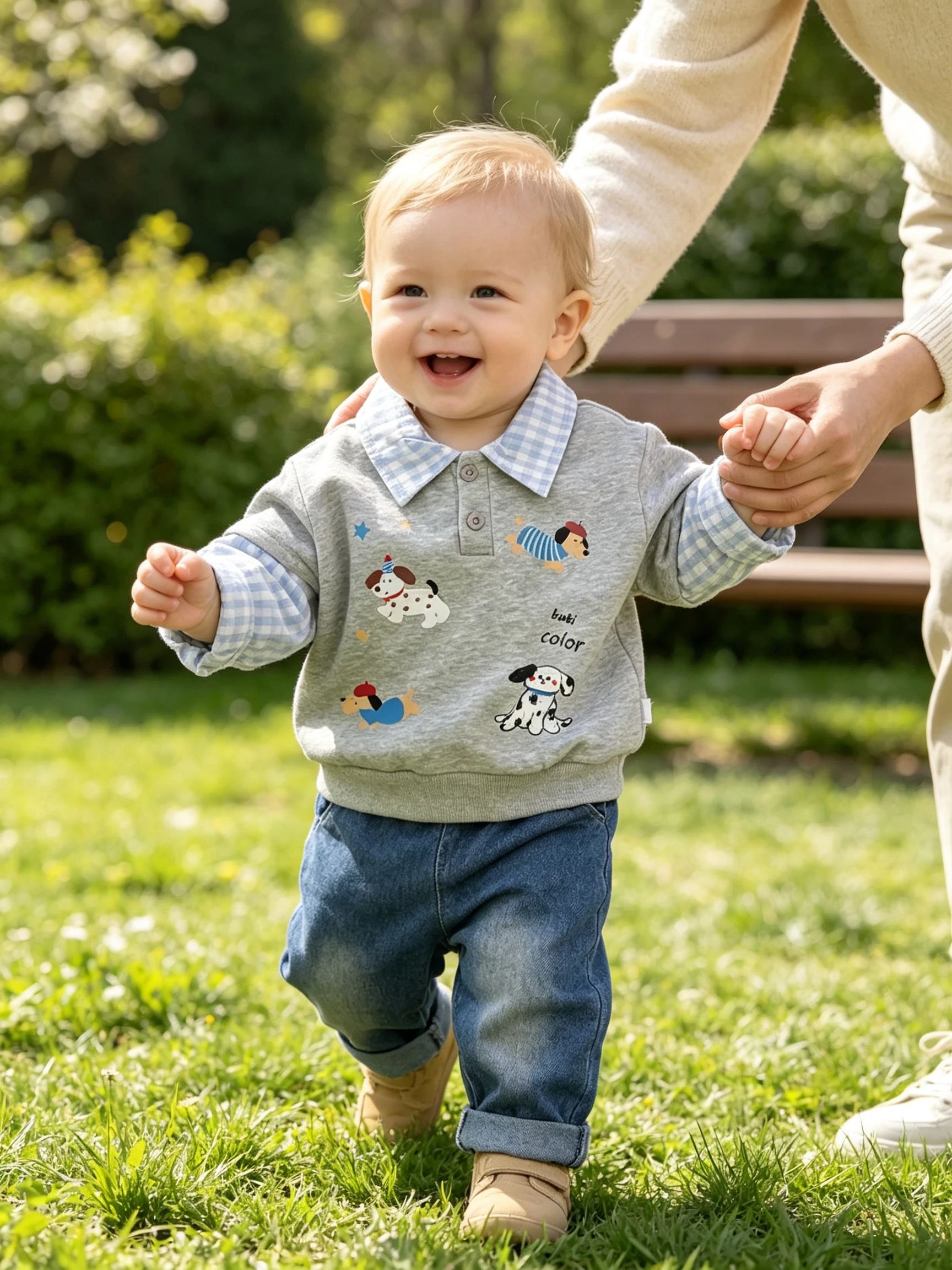 Baby Boy 2Pcs Outfit,Cartoon Dog Fake Two‑Piece Polo Sweatshirt+Denim Pants,Spring Autumn Kids Set