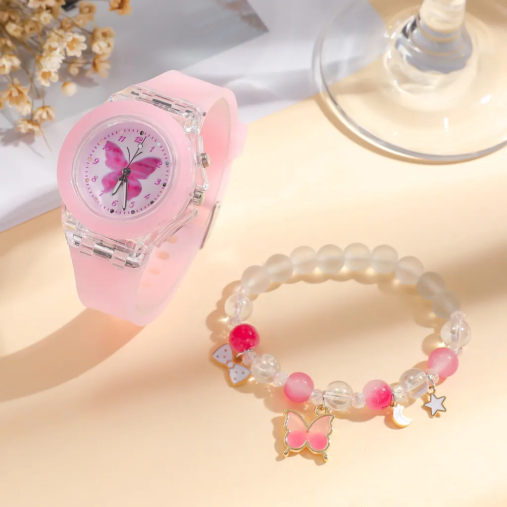 Kegllect 2PCS Children Cute Cartoon Watch Butterfly Fashion Luminous Silicone Quartz Watch Beaded Butterfly Free Bracelet Set