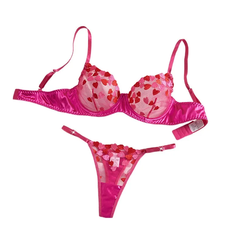 

Mesh Heart Embroidery See Through Bra Panty Womens Erotic Seductive Underwears Apparels Clothings Seduct Sexy Lingerie Set