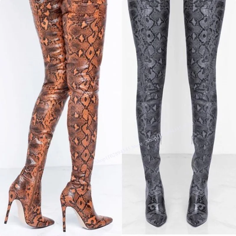 Snakeskin Over Knee High Zipper Boots Thin High Heel Fashionable Sexy Novel Style Summer 2023 Woman Shoes Zapatillas Mujer