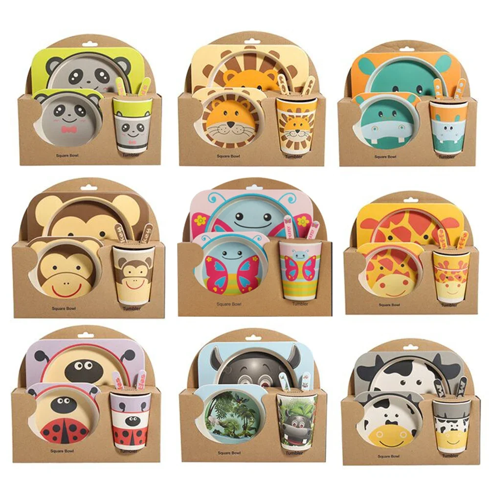 5 teile/sätze Gericht Geschirr Set Natürliche Bambus Faser Schüssel Mit Tasse Löffel Platte Gabel Fütterung Gerichte für Kinder Utensilien Großhandel