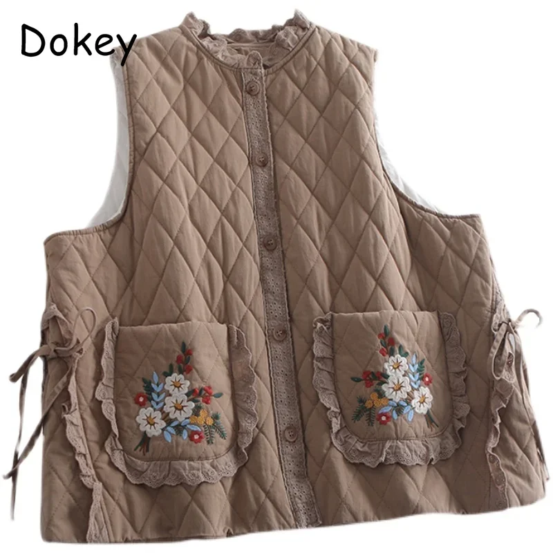 Vintage Embroidery Winter Parka Vest Women Japanese Mori Girl Ruffled Loose Sleeveless Cotton Padded Jacket Chaqueta Mujer