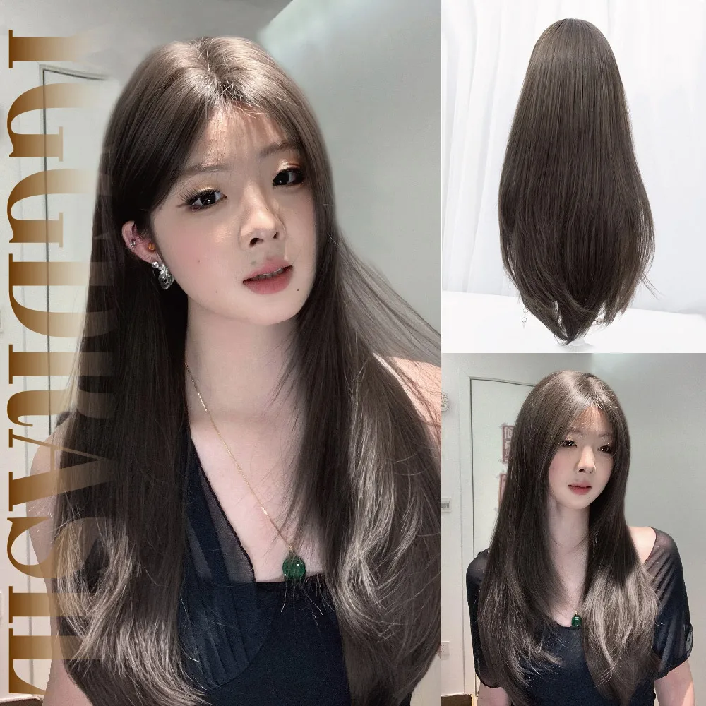

26Inch Ladylike Style Smoky Brown Synthetic Wigs Middle Part Long Natural Straight Hair For Women Daily Use Heat Resistant