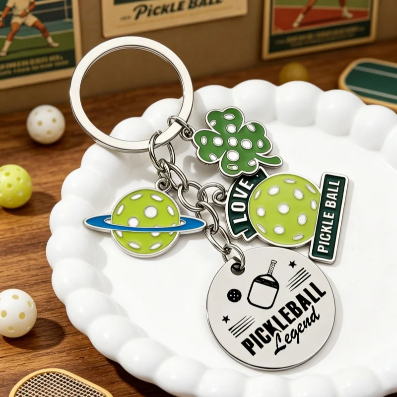 1pc Sporty Pickleball Ball Paddle Clover Love Legend Engraved Enamel Alloy Keychain Bag Charms Key Ring for Sport Lover Gift