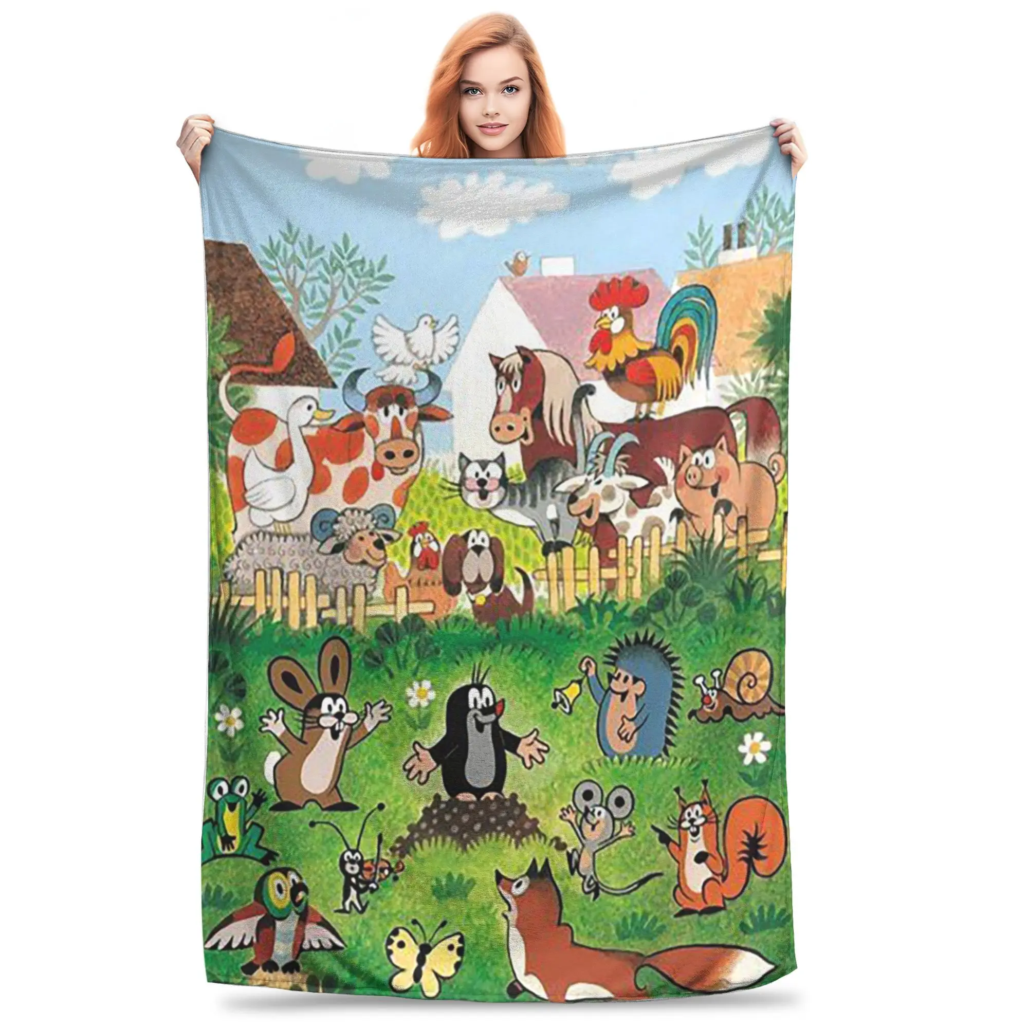 

Flannel Throw Blanket The Little Mole Cartoon Friends Together Warm Plush Blankets Soft Bedspread for Bedroom Home Picnic Couch