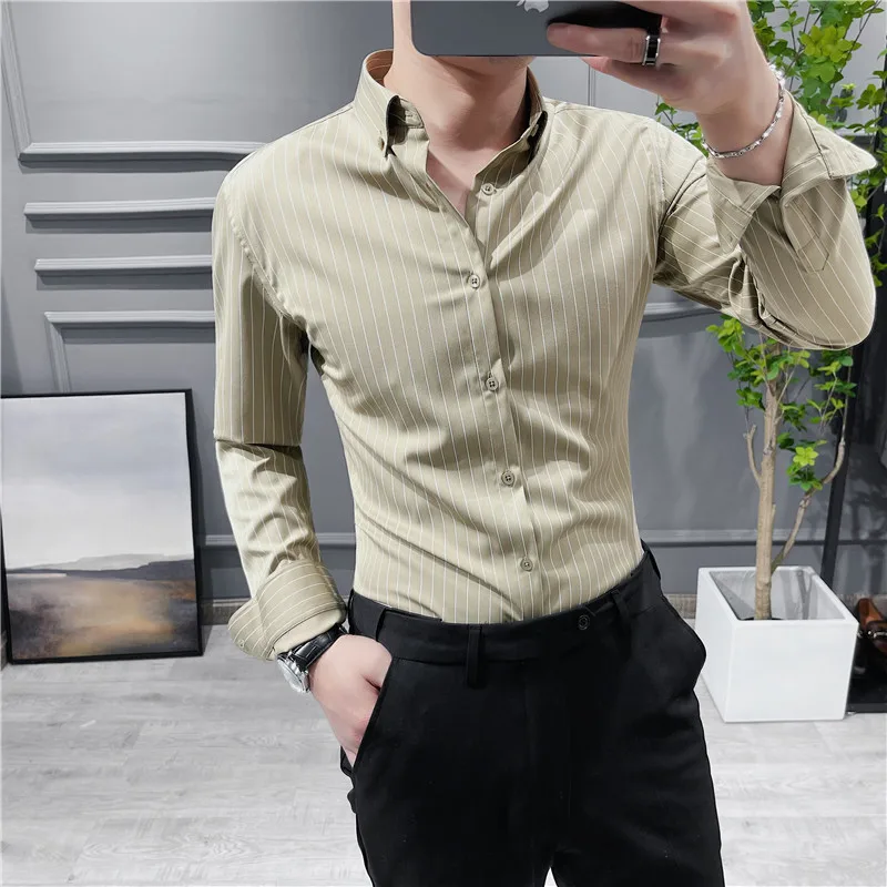 High Quality Slim Fit Striped Shirts Men Clothing 2022 Long Sleeved Luxury Business Casual Formal Dress Shirts Streetwear Hommes