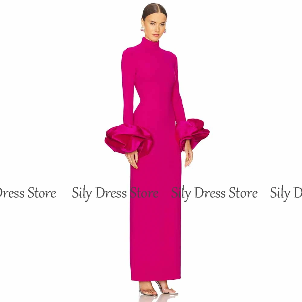 Fuchsia Formal Evening Dresses Sheath/Column Jersey Celebrity Dress High Collar Pleat Puff Sleeve Valentine\'s Day Dress Maxi