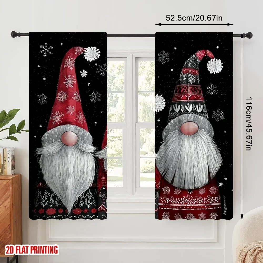 2pcs,2D plane printing Curtains Digital Printed Merry Christmas Three Festival Goblins in Red Hat Polyester Easy Install