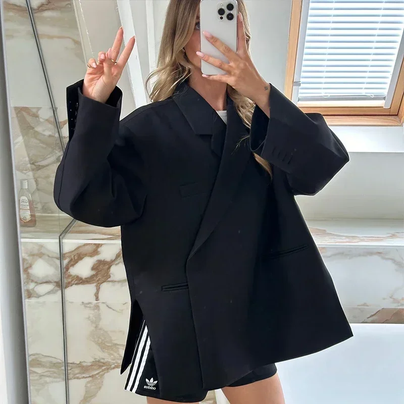 2024 Casual Suit Blazer Coat Women Oversized Double Button Notched Side Slit Jacket Female Autumn Office Shoulder Pads Lady Tops