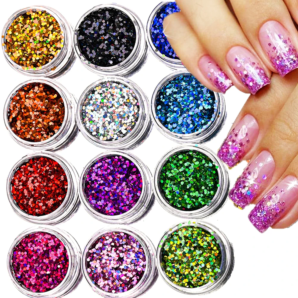 12Jars/box Iridescent Glitter Nail Sequins Colorful Holo Laser Sparkly Nail Flakes 3D UV Gel Polish Manicure Glitter Sequins Set