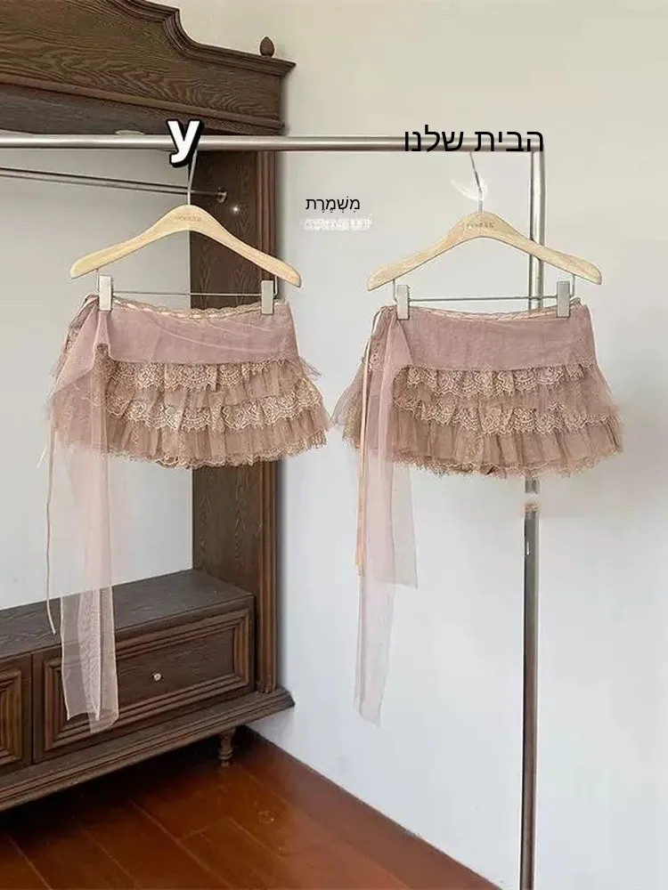 バレエスタイルハイウエストハーフスカート女性のレースパッチワークフリルガーゼサッシュケーキスカート痩身aライン夏新着