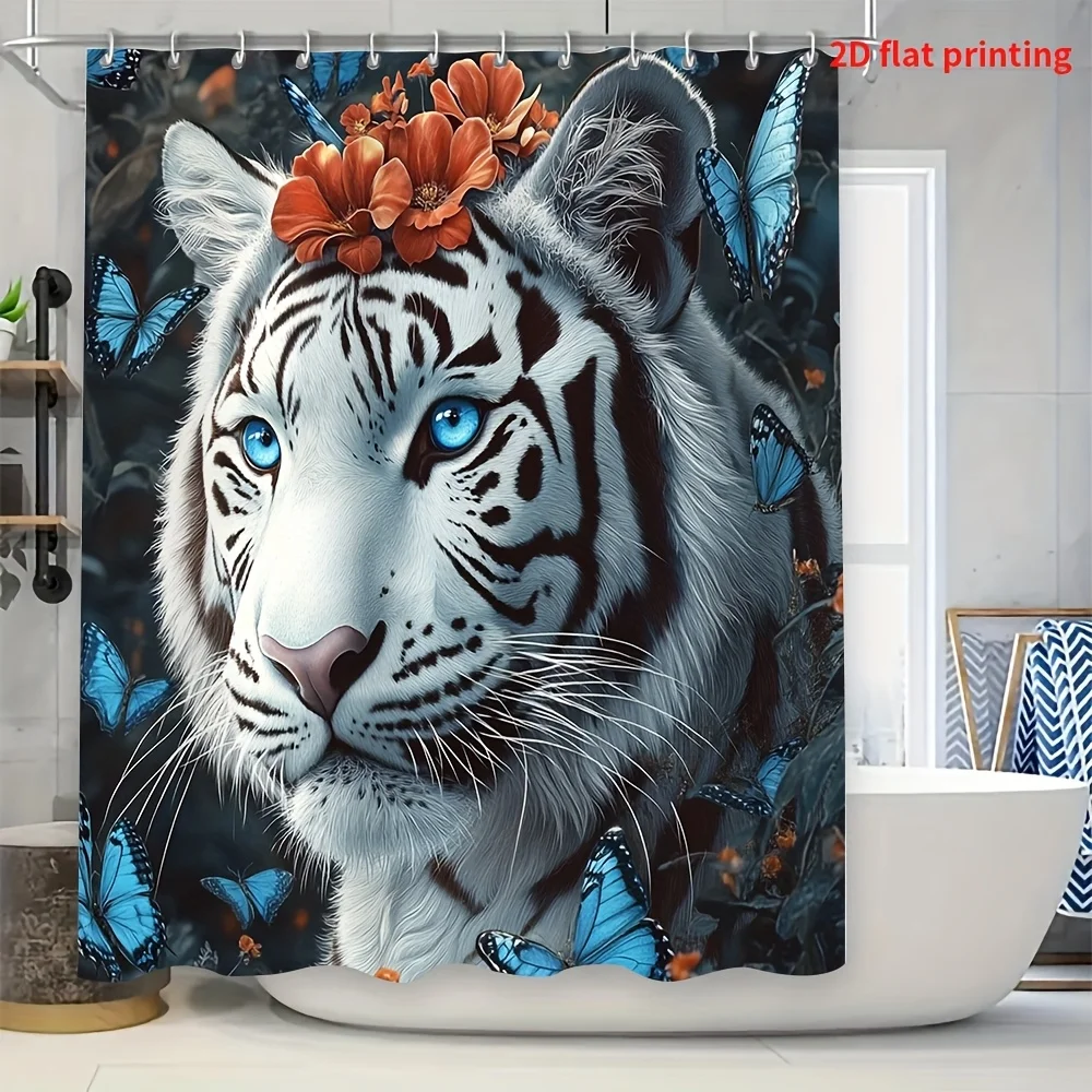 4pcs  White Tiger 2D Flat Shower Curtain and Bath Mat Set - Non-Slip Absorbent Bathroom Rugs with Matching Toilet Lid Cover,