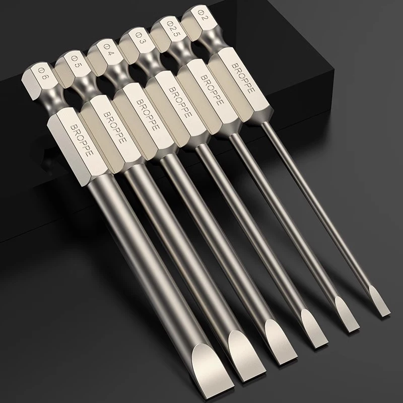 Flat Head Screwdriver Bits 50mm/75mm/100mm Long Magnetic Tip Slotted Screwdriver Bits S2 Steel 1/4 Inch Shank Flat Head Bit