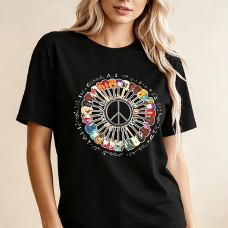 Women T-Shirt Vintage Guitar Peace Sign Graphic Tee Music Lover  Quote Print Short Sleeve Tops Rock Casual Holiday Gift