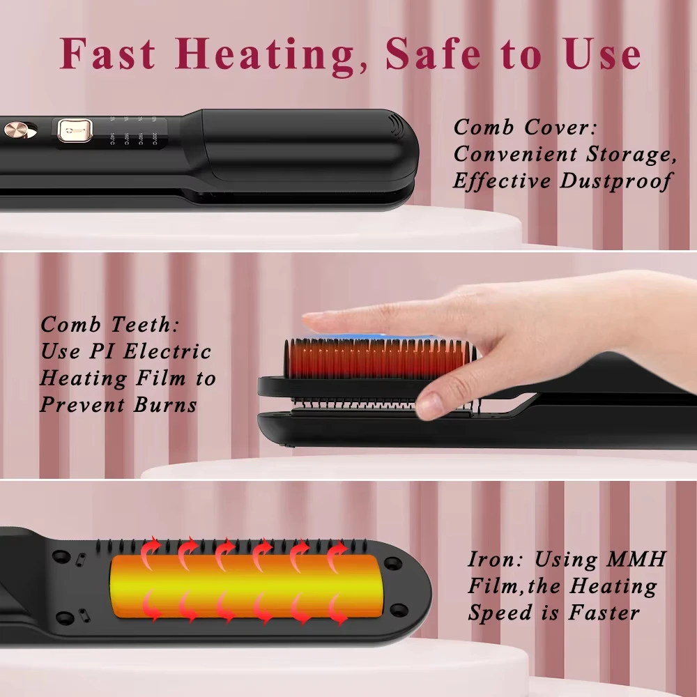 New Arrival Portable Cordless Hair Straightener Brush Negative Ion Hot Straightener Styling Comb