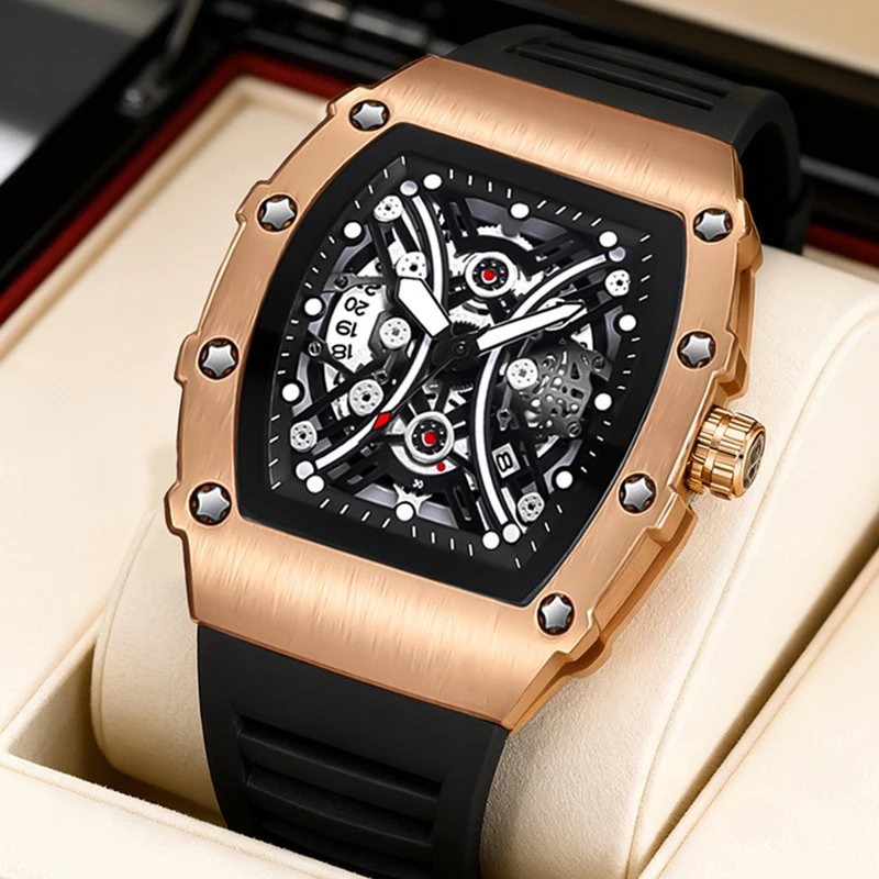 

A men's rose-black casual fashion style dual-dial calendar barrel-shaped quartz watch