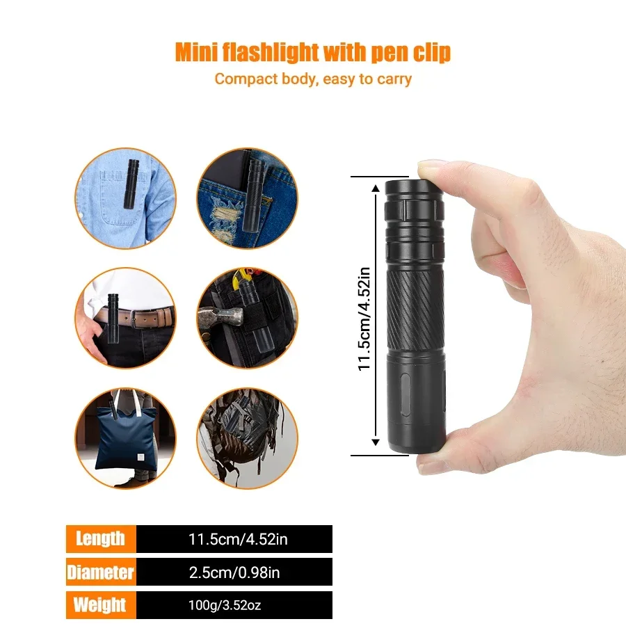 SC8 High Powerful LED Tactical EDC Keychain Flashlight USB Rechargeable 1500mAh Torch with Pen Clip Fishing Camping Lantern