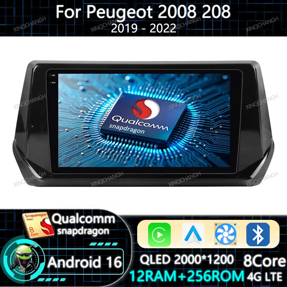 Android 16 Car Radio For Peugeot 2008 208 2019 2020 2021 2022 Multimedia Video Player Head Unit 4G LTE 5G WIFI QLED GPS BT 2DIN