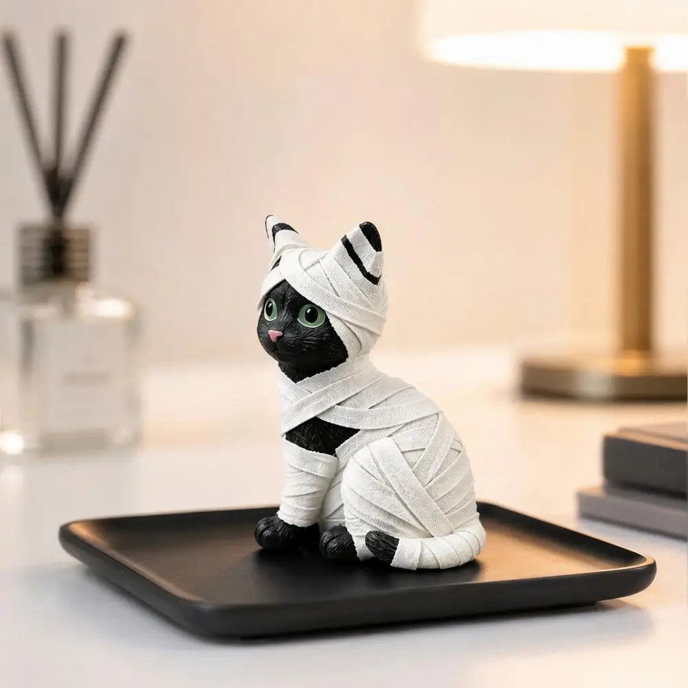 Resin Halloween Decor Mummy Black Cat Resin Figurine Halloween Kitten Statue with Big Eyes Wrapped Bandages Desk for Cat