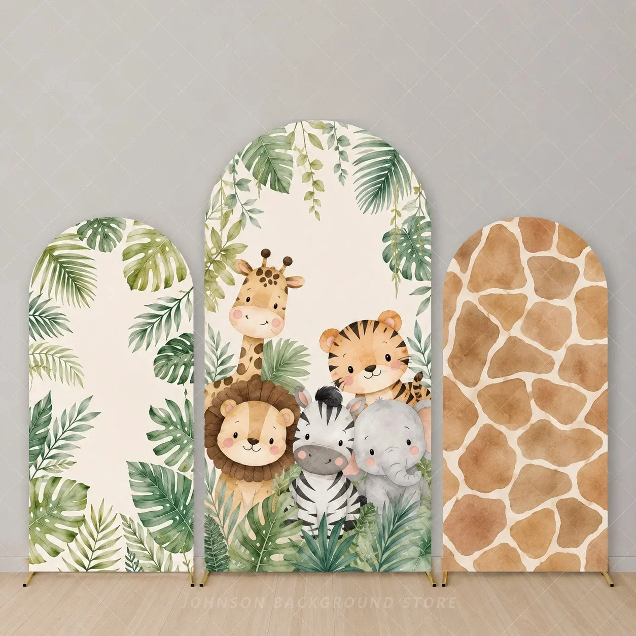 Safari Jungle Animals Arch Backdrop Set Giraffe Lion Zebra Elephant Tiger Tropical Leaves Baby Shower Birthday background