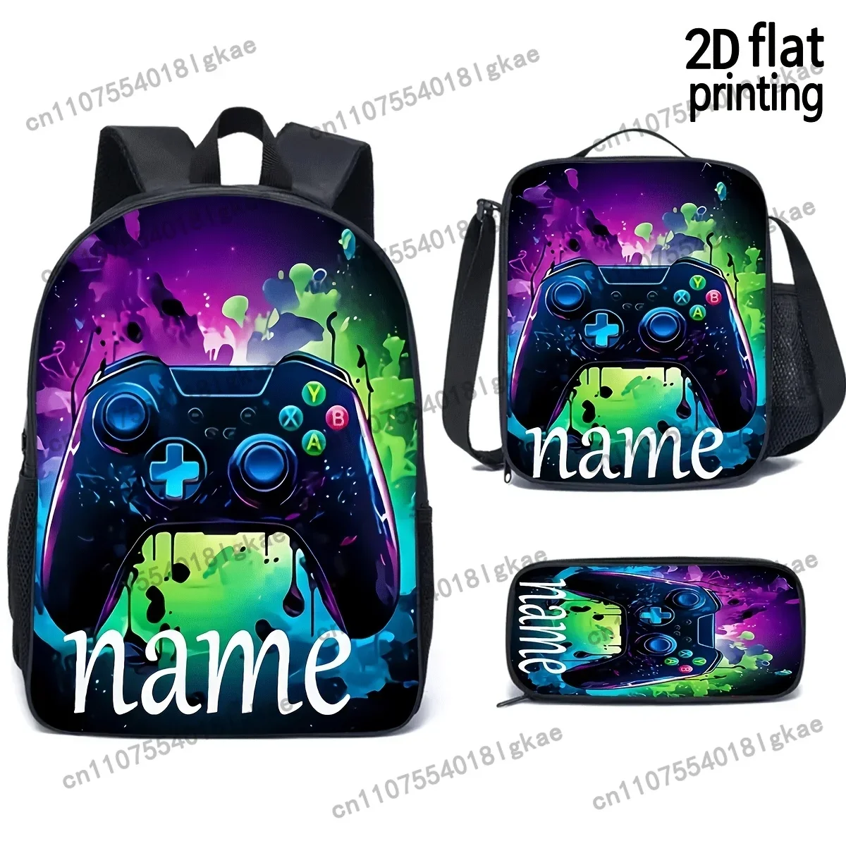 1pc Custom Name/Text Personalized Gaming Backpack - Gamer Controller Design Backpack With Neon Purple/Blue/Purple Splash Pattern