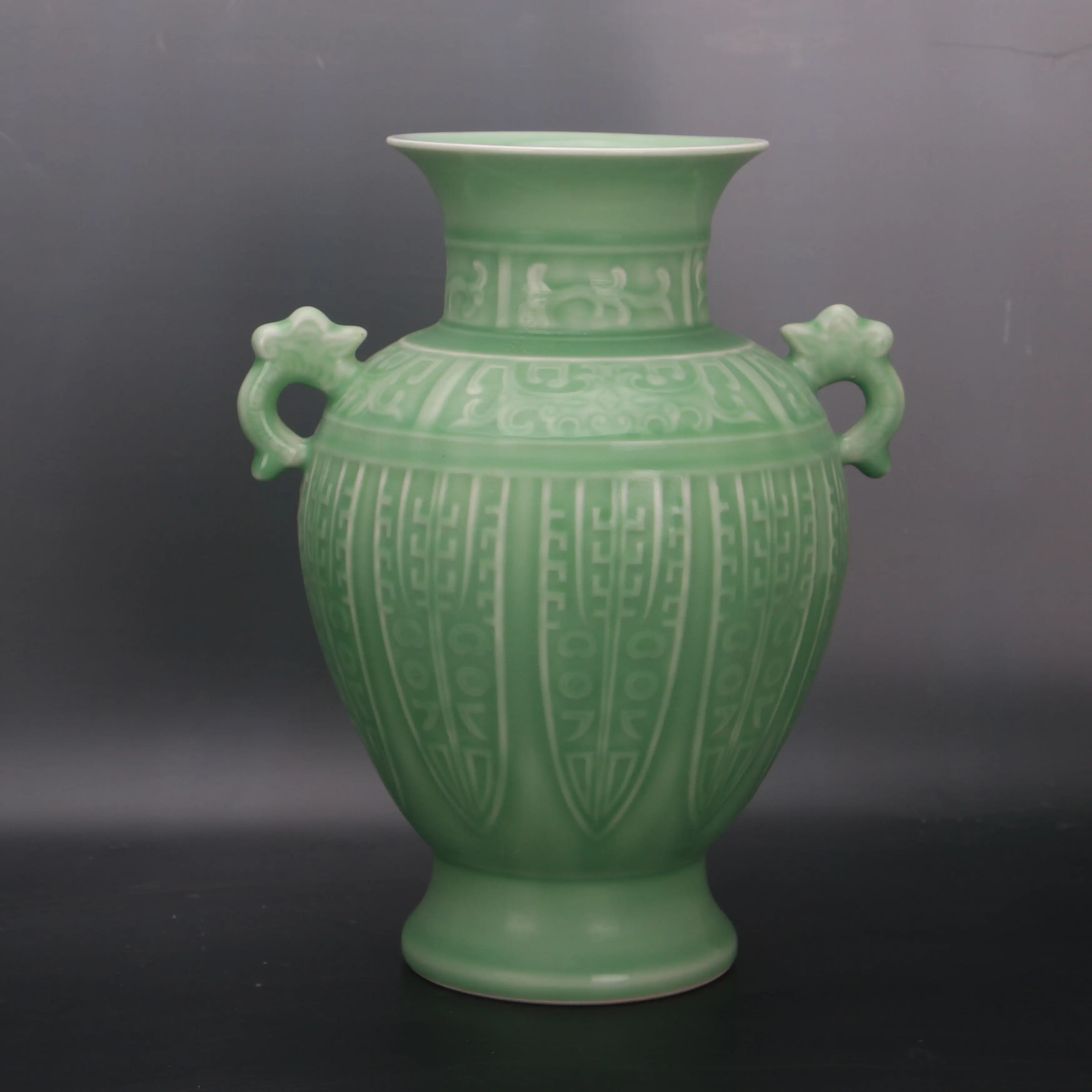 Qing Dynasty Qianlong Mark Style Longquan Celadon Double Ear Vase Handmade Replica Home Decor