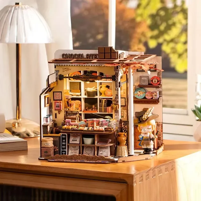 DIY Miniature House 3D Wooden Puzzle Chocolate Shop Handmade Dollhouse Kit Creative Building Toy Gift for Kid Teen