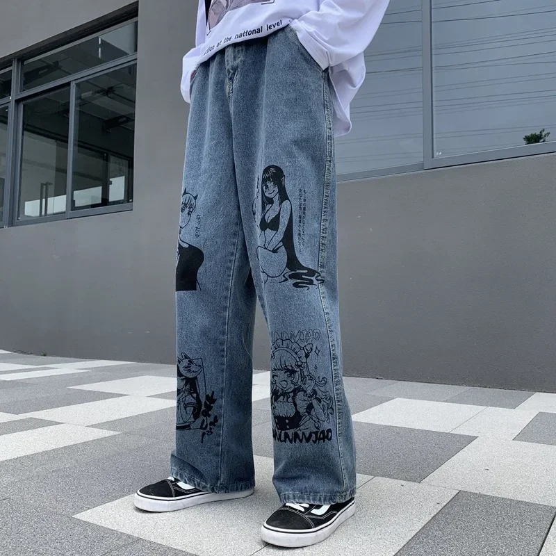 Autumn Korean American retro cartoon graffiti print jeans men and women trendy streetwear hip hop leg pants