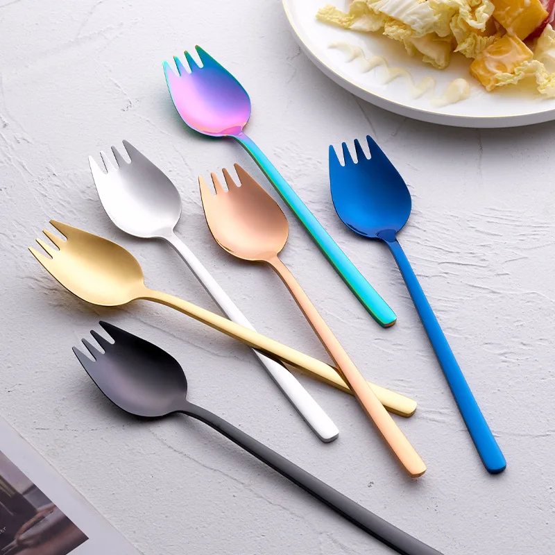 Stainless Steel Fruit Fork Dessert Forks for Cake Snack Salad Fork Spoon 2 In 1 Colorful Long Handle Fork Spoon DH48