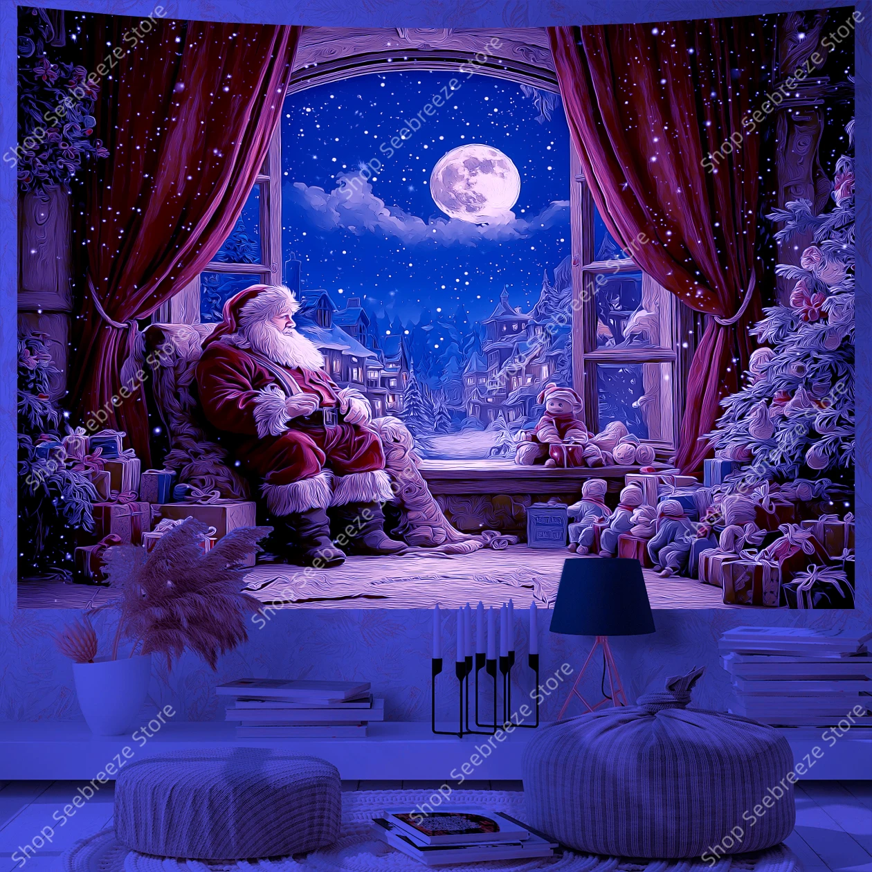 Santa Claus Sitting By Snowy Window with Christmas Tree and Gifts UV Tapestry for Living Room Bedroom Holiday Wall Office Decor