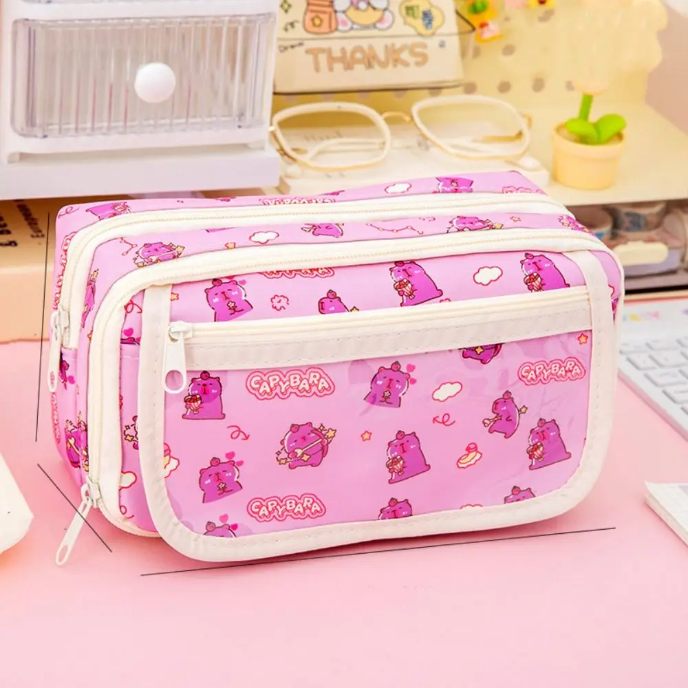 Canvas Capybara Pen Bag Large Capacity Badge Display Cartoon Pencil Cases Storage Bag Multi Layer Stationery Bag