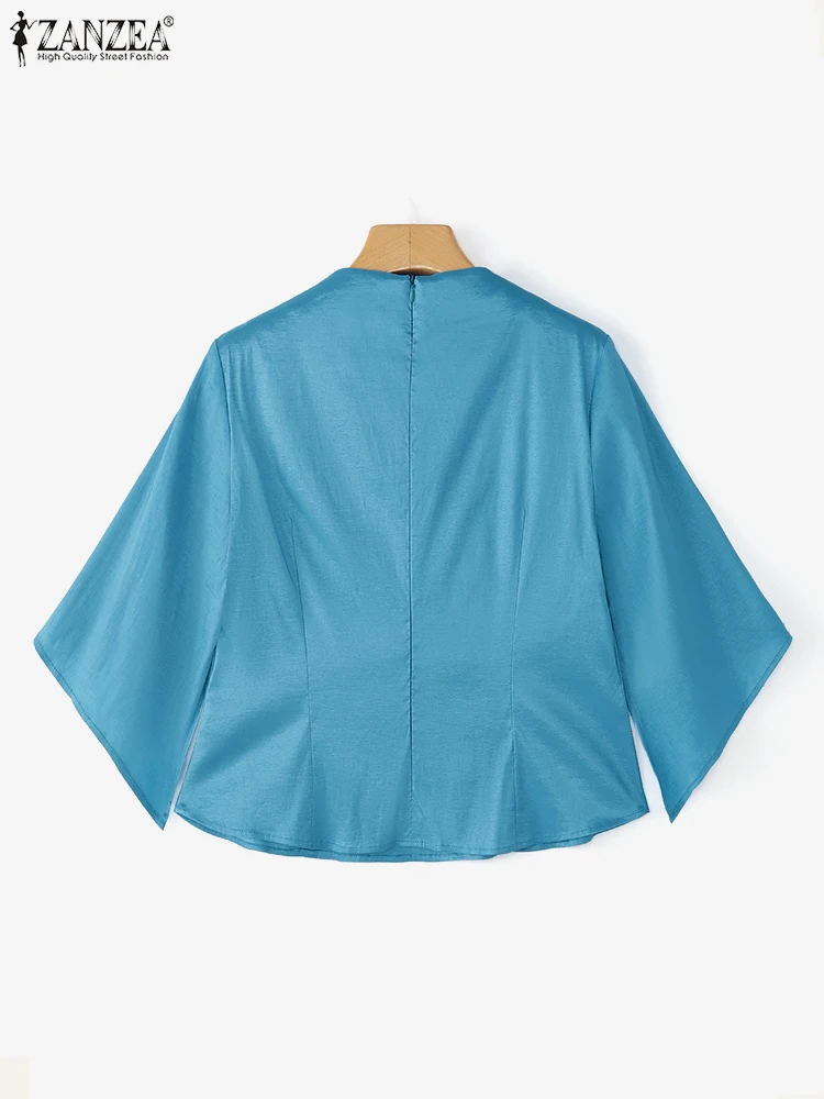 ZANZEA 2025 élégant col en V bureau Blouse automne solide chemise femmes élégant Satin hauts manches évasées irrégulières Blusas femmes chemises