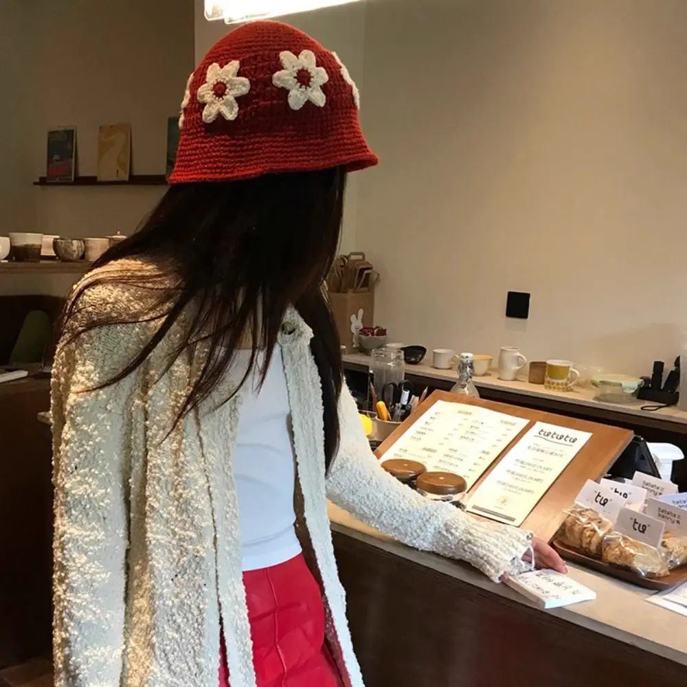 

Casual Handmade Crochet Flower Knitted Hat Korean Style Sweet Bucket Hat Cute Women's Fisherman Hat Outdoor