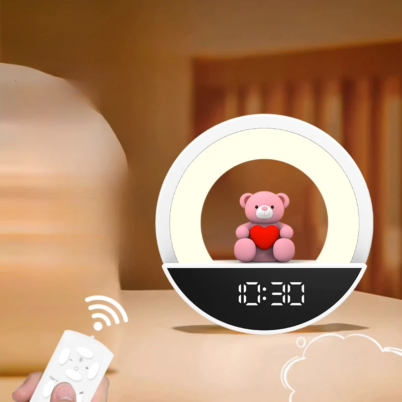 Cute Bear Clock Night Light RGB Colorful Atmosphere Lamp with Remote Control Baby's Room Bedside Lamp Ornaments for Kids Gift