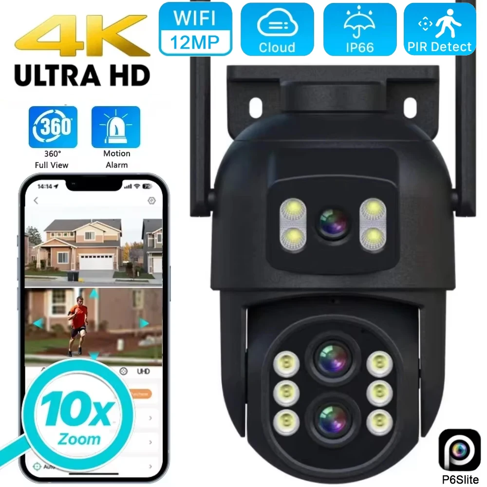 12MP 4K PTZ WiFi Camera Three Lenses Outdoor 10x Zoom Cam AI Human Detection Security Night Vision Monitoring Intelligent IPCCTV