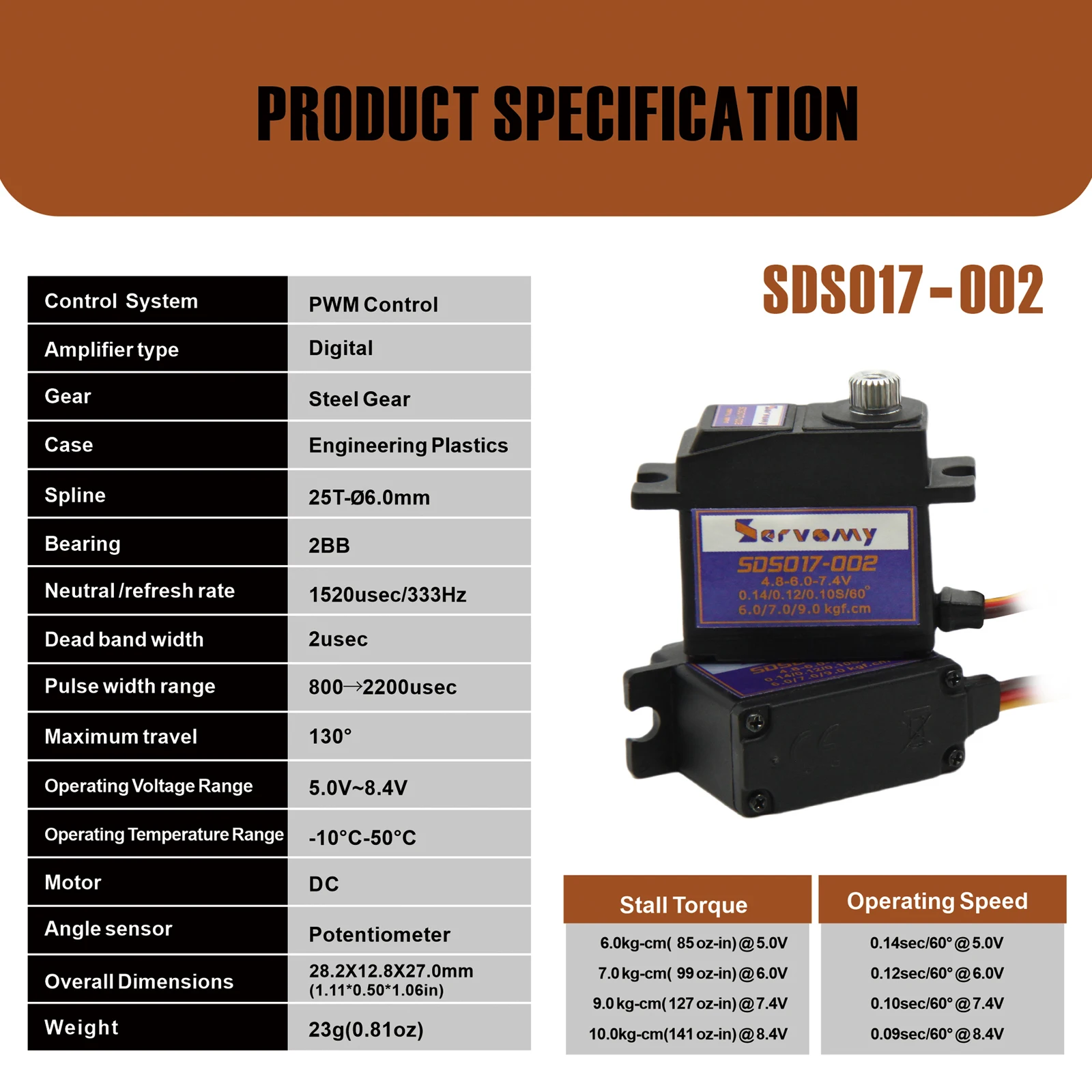 Servomy-SDS017, 17G Full Metal Gear High Torque Digital Micro Servo, 10kgf.cm 0.09s 8.4V, Dual Ball Bearings, For Robot 1/18 Car