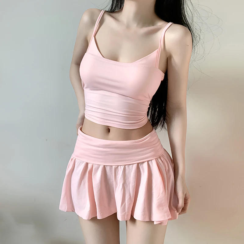 HEYounGIRL Sweet Style Pink Skirt Set Casual Streetwear Basic Camis and Pleated Skirts Matching Sets Cute Korean Women Outfits