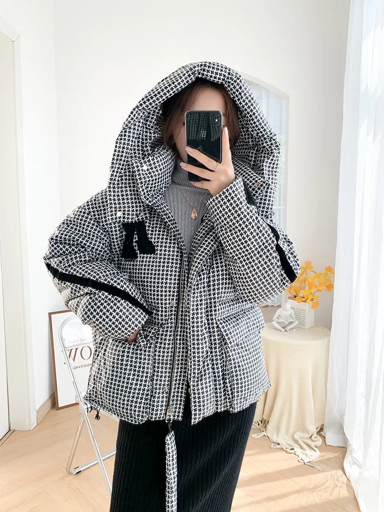 New Houndstooth Hooded Tops Women Winter Coats Oversized Puffy Warm Outerwear White Duck Down Jackets Warm Vintage Coat Female