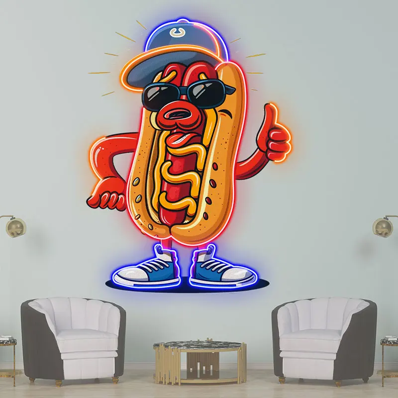 Cool Hot Dog Neon Sign - Funky Hot Dog with Sunglasses LED Light, Perfect for Bar, Restaurant, Man Cave Decor