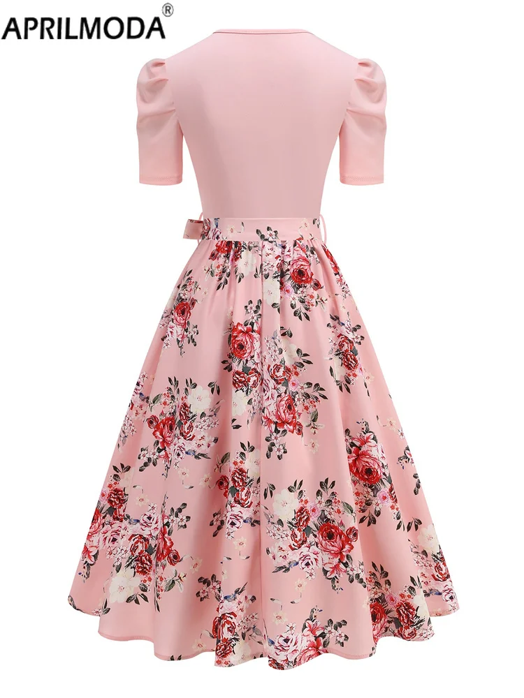Elegante rosa floral impressão retalhos verão retro vintage vestido de manga curta doce uma linha pista pinup férias alargamento vestidos 2025