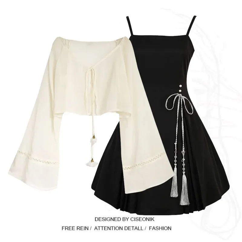 ملابس على الطراز الصيني الجديد لصيف 2025 بلوزة واقية من الشمس جديدة تنورة بحمالات ضيقة طقم مكون من قطعتين