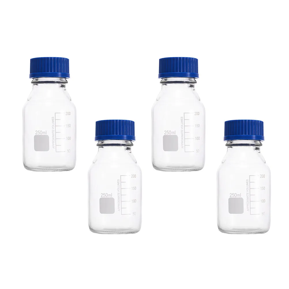 

4 шт. флаконы для реагентов объемом 250 мл, прозрачные стеклянные бутылки для образцов с утолщенными противоскользящими герметичными крышками для хранения в лабораторных научных экспериментах