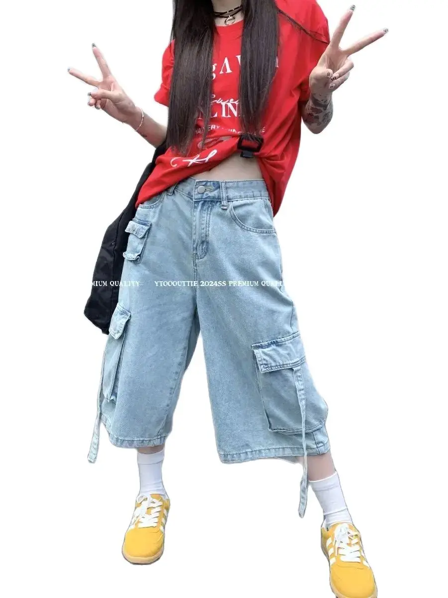 Cargo Pants Pocket White High-Waisted American Retro High Street Jeans Women'S Summer Loose Wide-Leg Pants Three-Quarter Pants