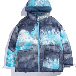 Men's Fashion Winter Warm Puffer Parkas Cotton Padded Thick Thermal Puffy Jacket Hooded Tie Dye Overcoat Outerwear For Male