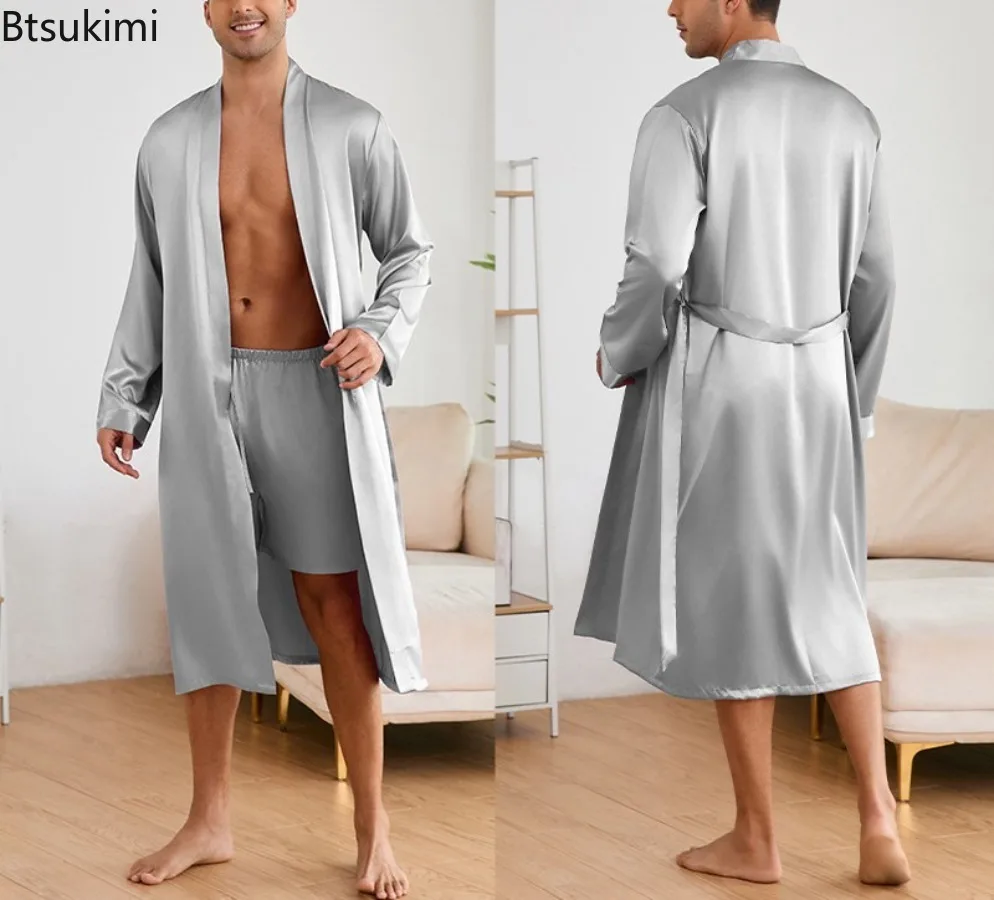 Solid Home Clothes Bathrobes Set Men Silkly Satin Men Nightwear Loose Japanese Mens Pyjama Set Summer Kimono Shorts Pajamas Suit