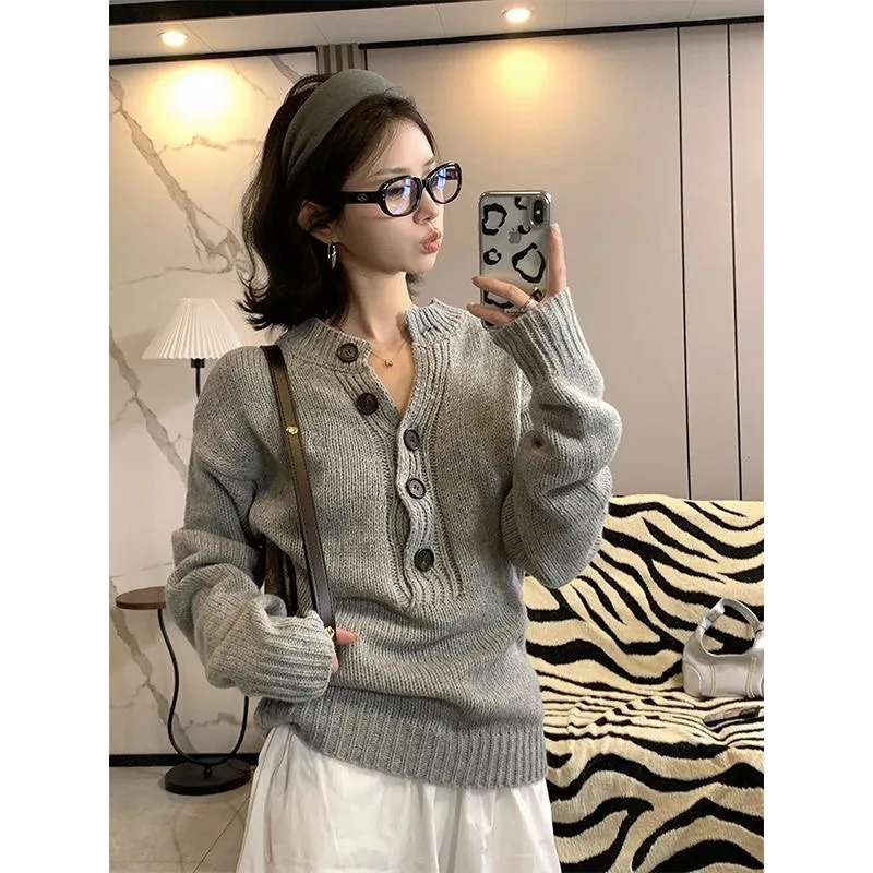 Women Gray V Neck Sweater Y2K Aesthetic Long Sleeve Knitted Pullover Slim Fit Autumn Winter Retro Daily Streetwear Knit Jumper