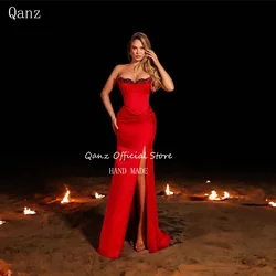 Qanz Red Sexy Prom Dresses Mermaid Satin High Slit Sequined Beadings Party Dresses Lace Up Back Evening Dresses Woman Customized