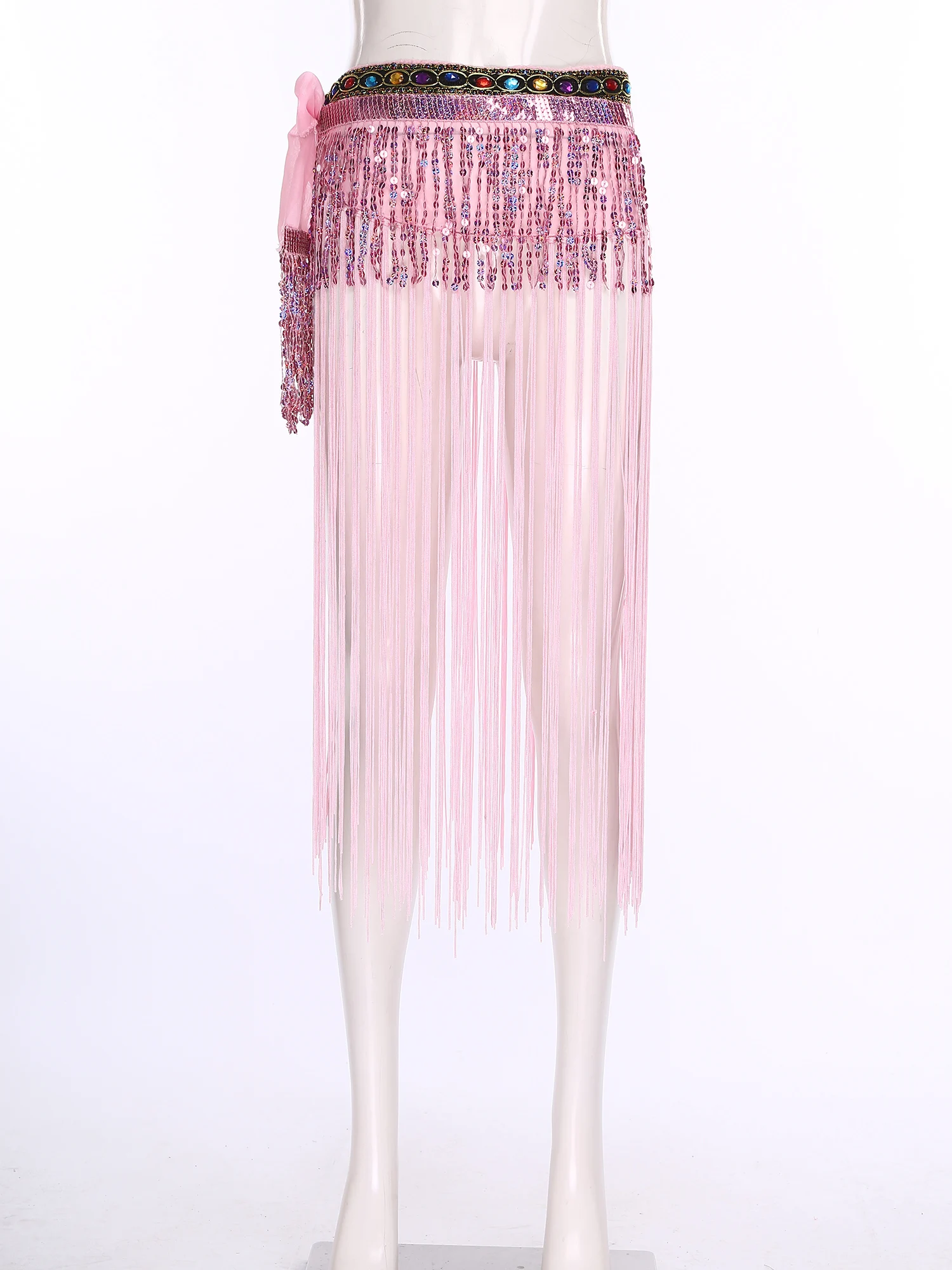 ผ้าคาดเอวเต้นระบำหน้าท้องสำหรับผู้หญิง ประดับพู่หลากสีสัน พร้อมเพชรประดับ สายคาดเอวแบบหลายชั้น ประดับเลื่อมและพู่ห้อย