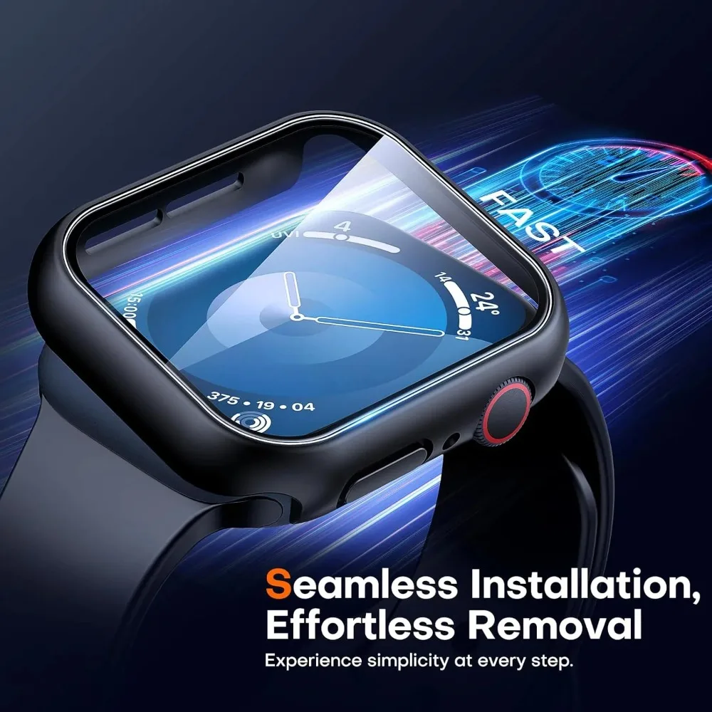 Hard PC Case Built-in Tempered Glass Screen Protector For Apple Watch Series 11 10 9 8 7 6 5 SE Fits 38-45mm Full Men Women